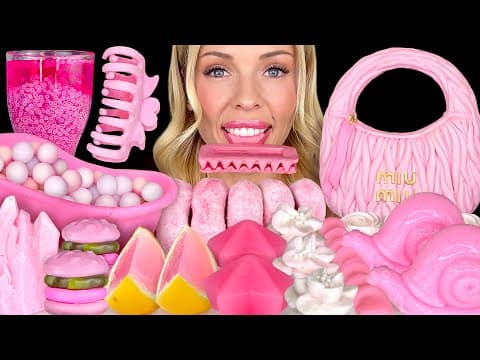 ASMR MUKBANG, Pink Desserts, Edible Miu Miu Purse, Claw Clip, Grapefruit Soda, Candy Jelly Slice 먹방